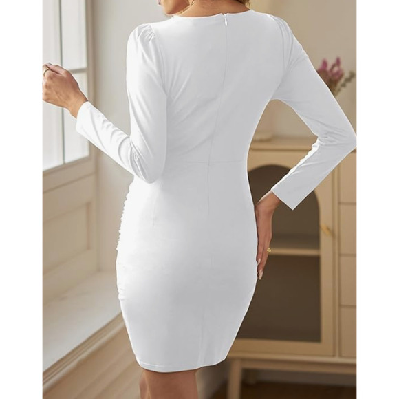 Sarin Mathews Deep V Neck Ruched Bodycon Long Sleeve Mini Dress White NWT Size L - Picture 2 of 9